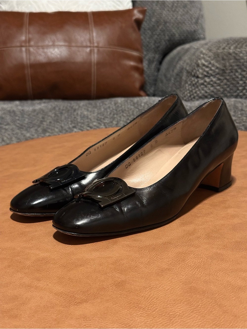 Salvatore Ferragamo Firenze Black Leather Gancini Block-Heel Pumps, Size 8B